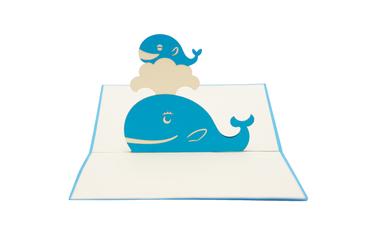 Pop-up card showing mother blue whale playing with baby blue whale