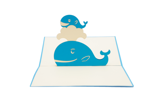 Pop-up card showing mother blue whale playing with baby blue whale