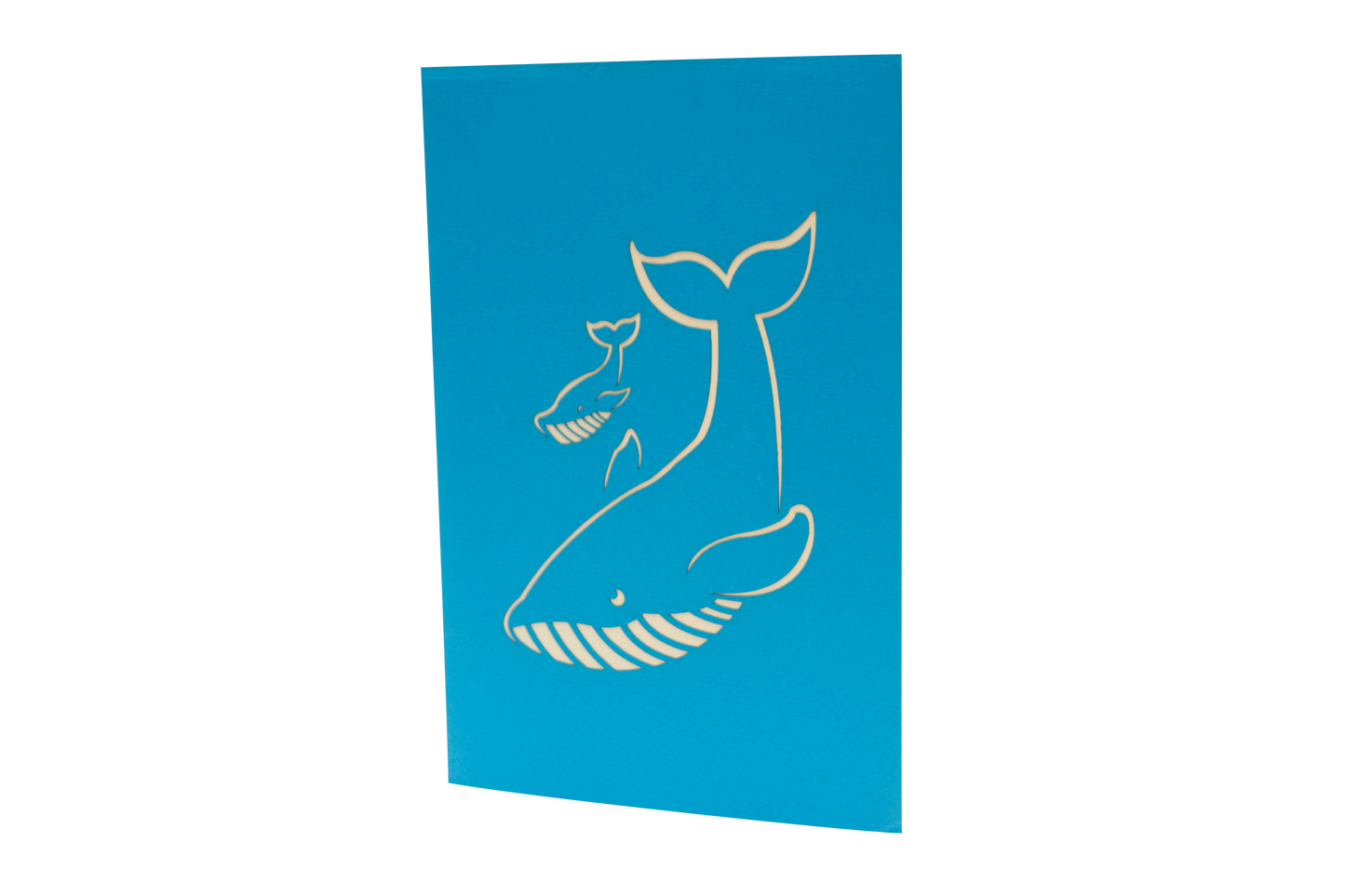 Blue card showing outlines of blue whale and baby blue whale in white
