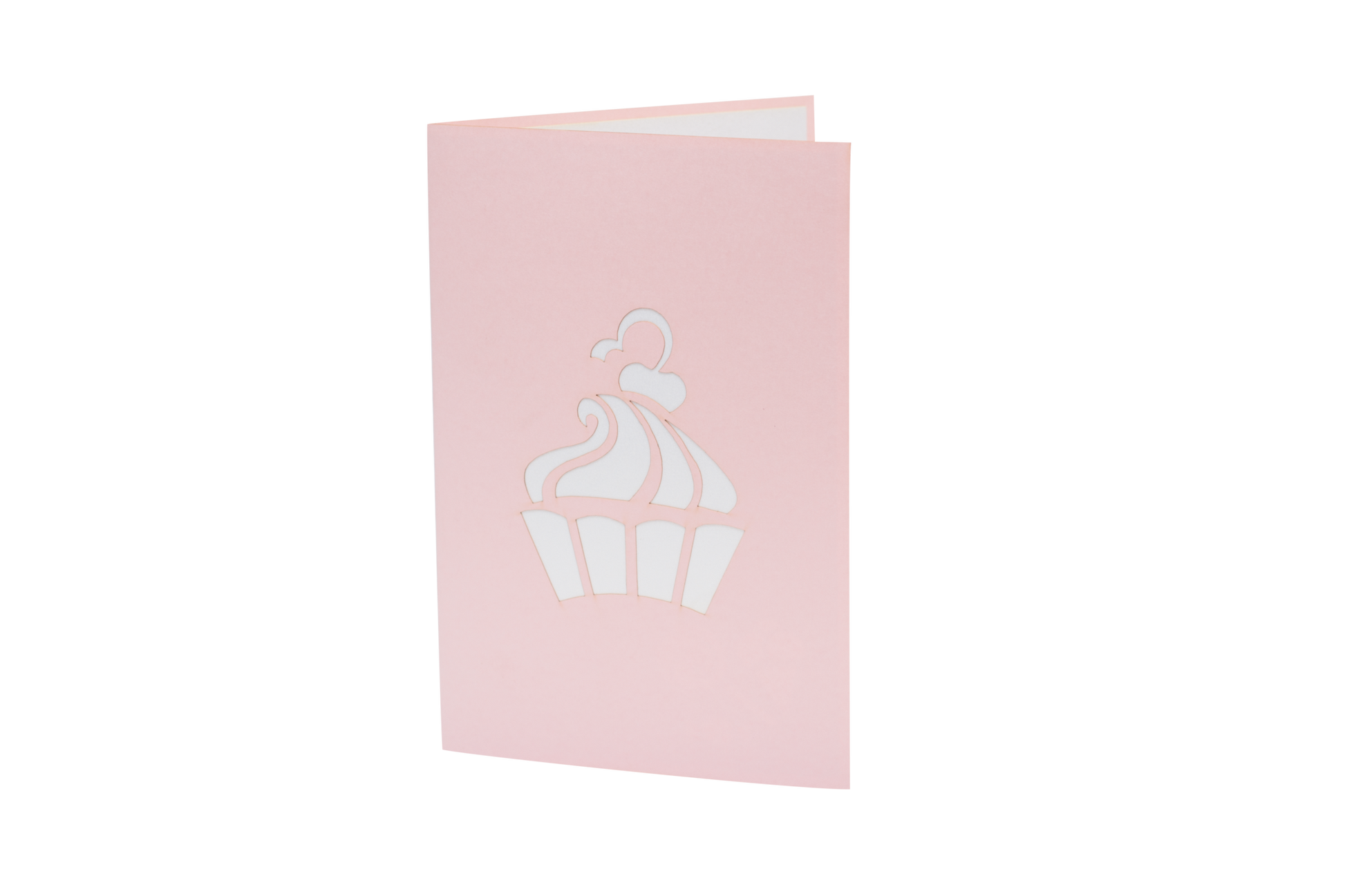 Light pink card with cupcake silhouette in white on front cover