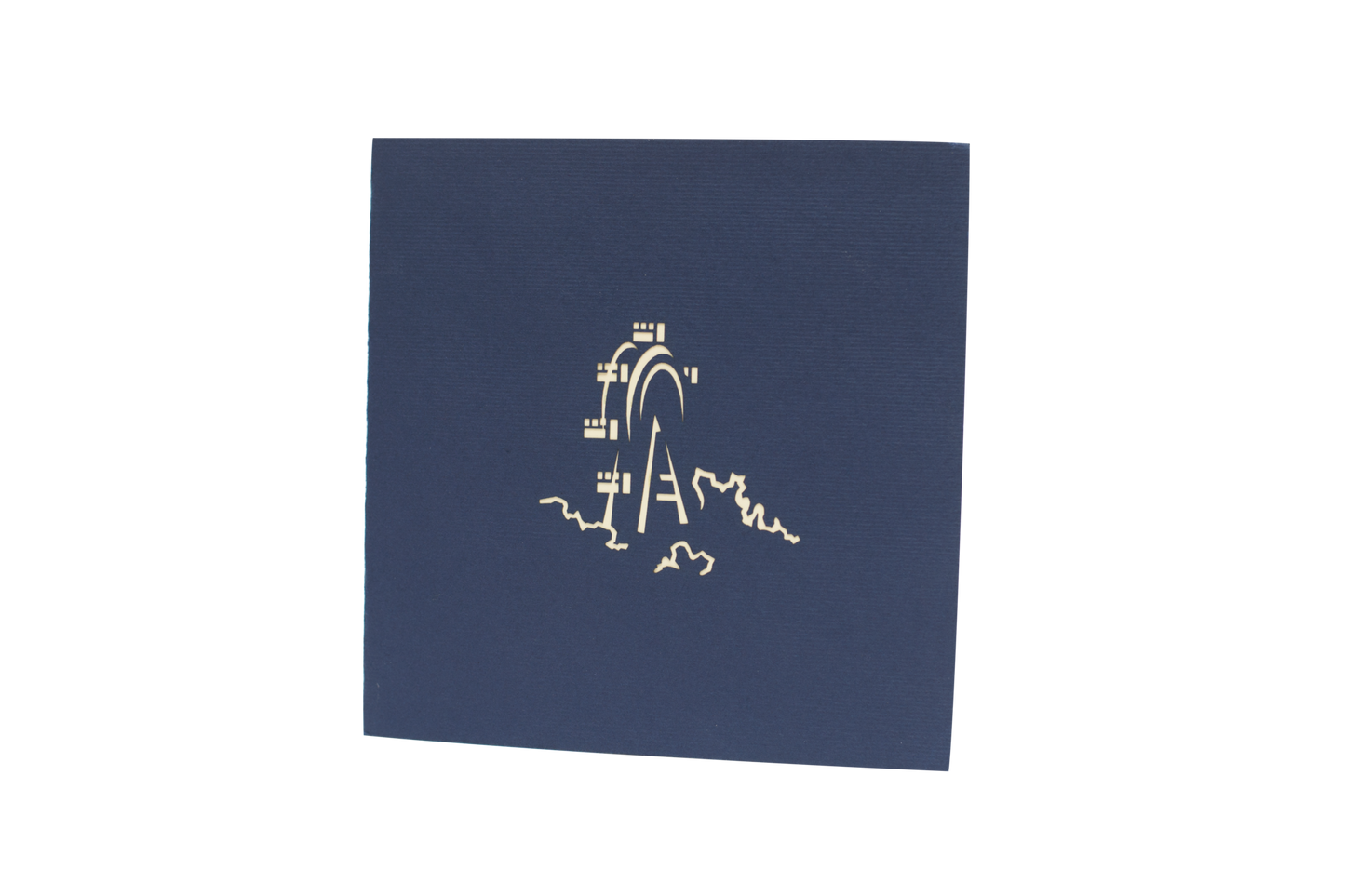 Dark blue card with Ferris wheel etched in white