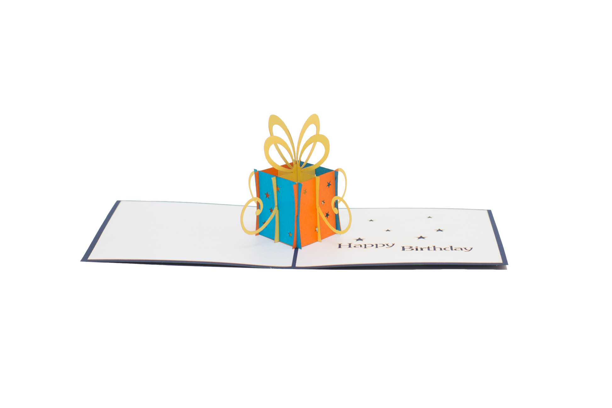 Pop-up card showing orange and blue wrapping on sides with yellow bow on top, and "happy birthday" written on card