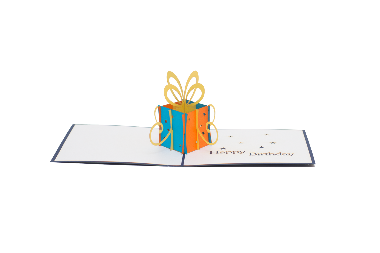 Pop-up card showing orange and blue wrapping on sides with yellow bow on top, and "happy birthday" written on card