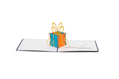 Pop-up card showing orange and blue wrapping on sides with yellow bow on top, and "happy birthday" written on card