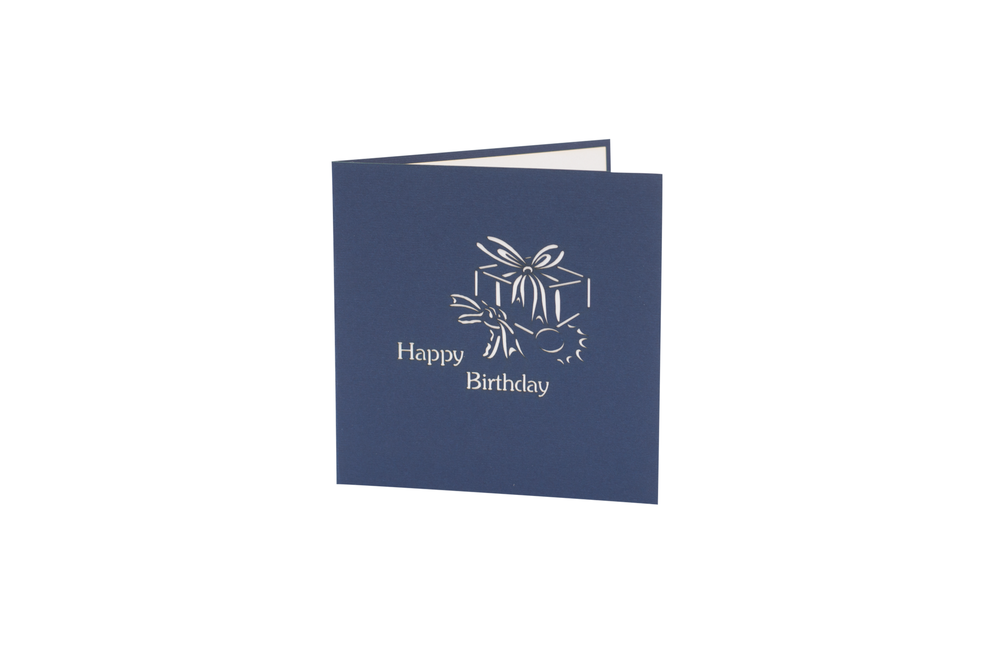 Dark blue card with outline of gift and the words "happy birthday" etched into the front cover in white