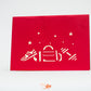 Red card with etching of gym show, gym bag and dumbbell weight in creamy white