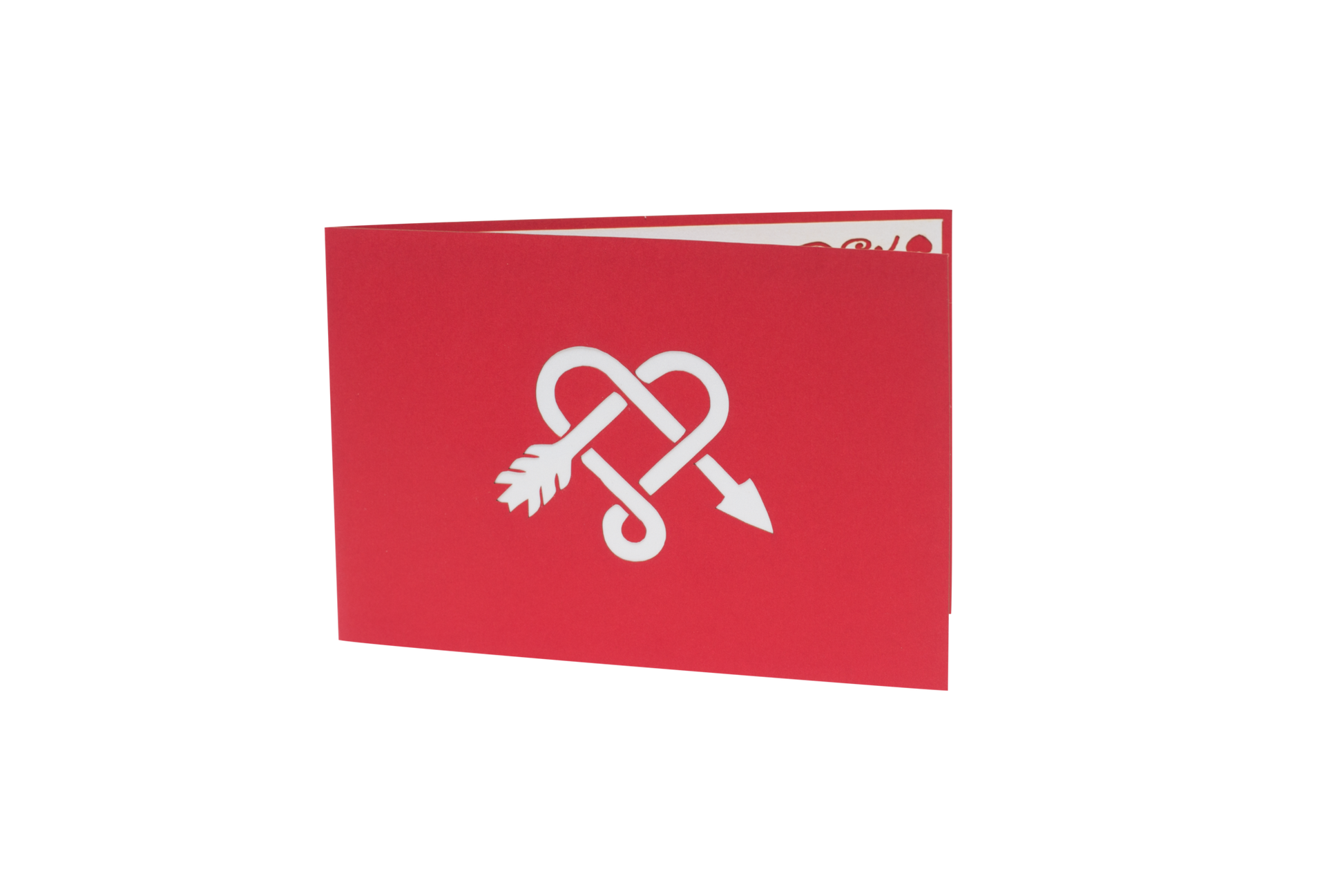 Red card with white arrow twisted into a heart on front cover