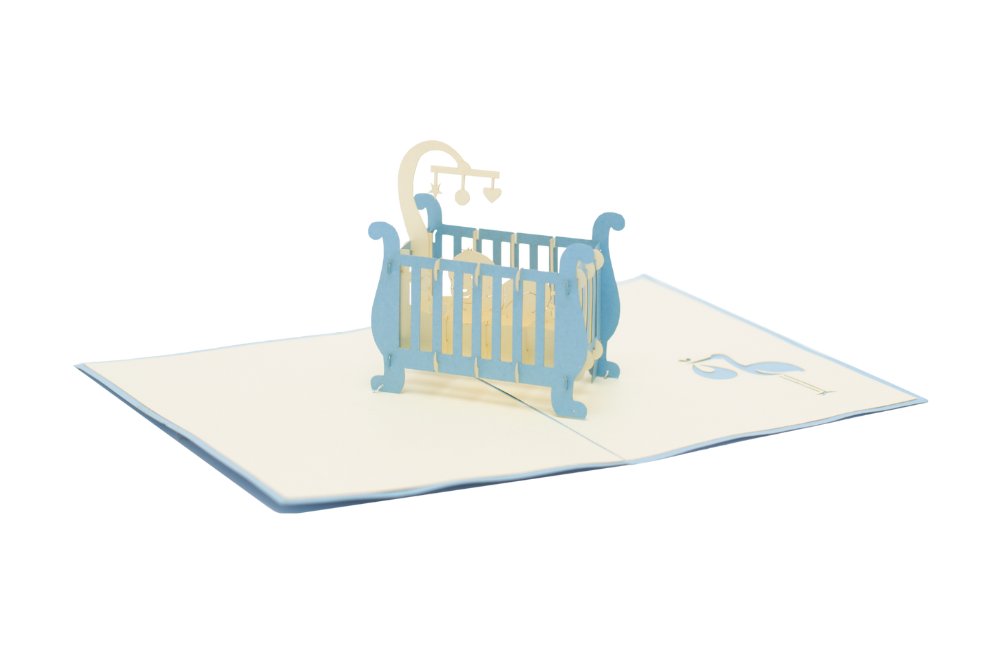 Pop-up card with blue cot and baby and playmobile in white cardstock