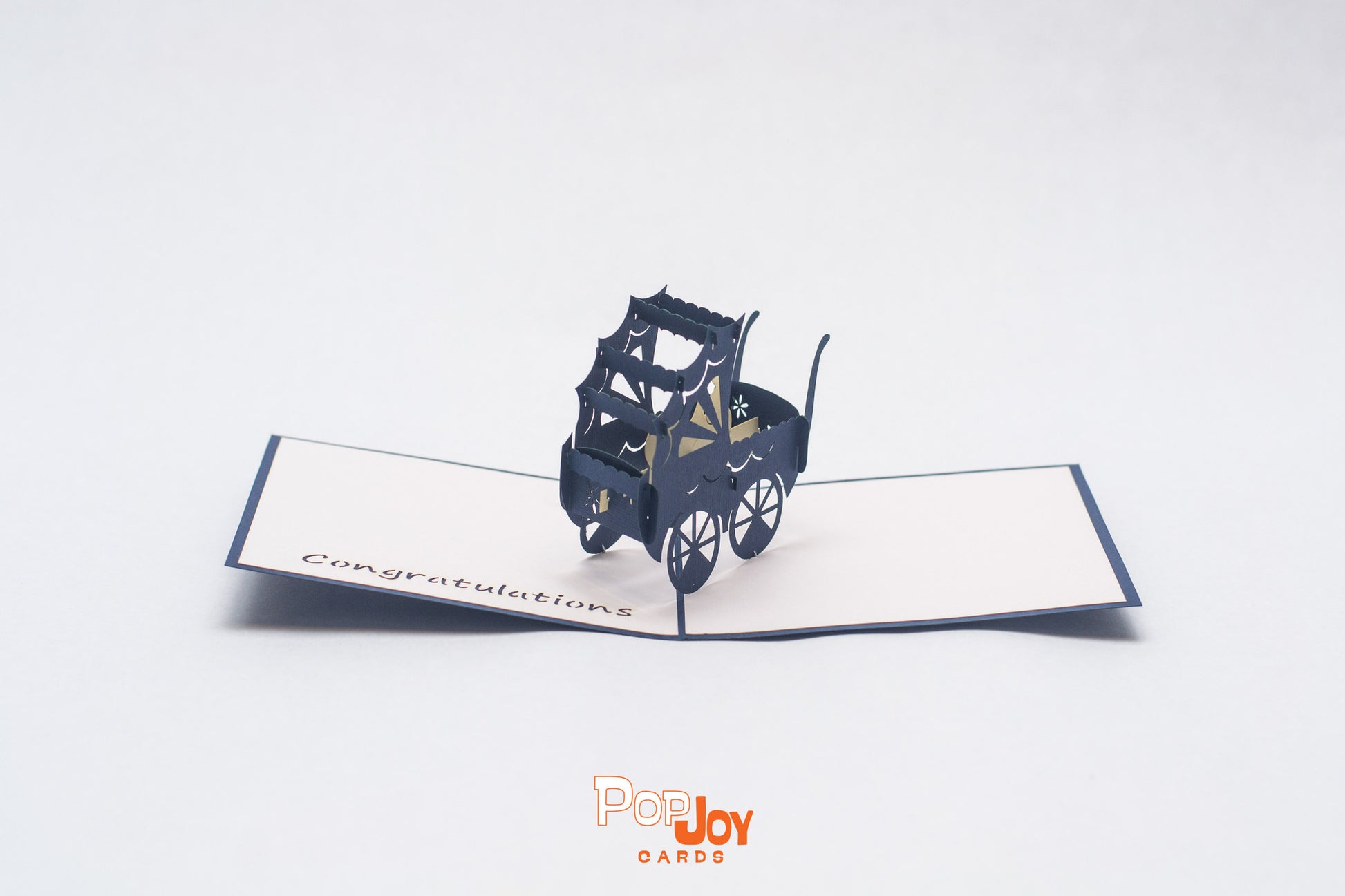 Pop-up card with dark blue stroller in the middle and the word "congratulations" on the bottom left side of the card